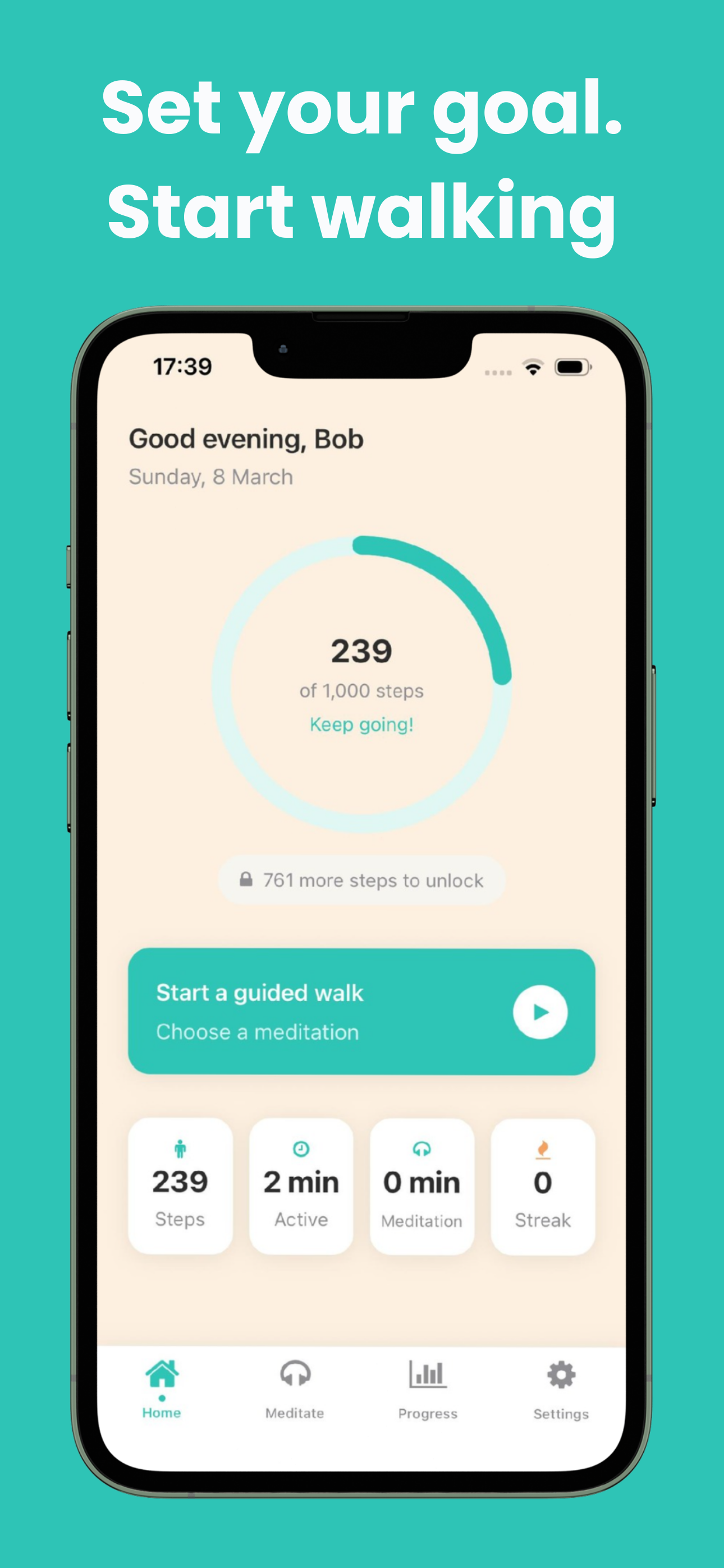 FootpathFocus app showing step tracking progress ring, guided walk button, and daily stats including steps, active minutes, meditation time, and streak count